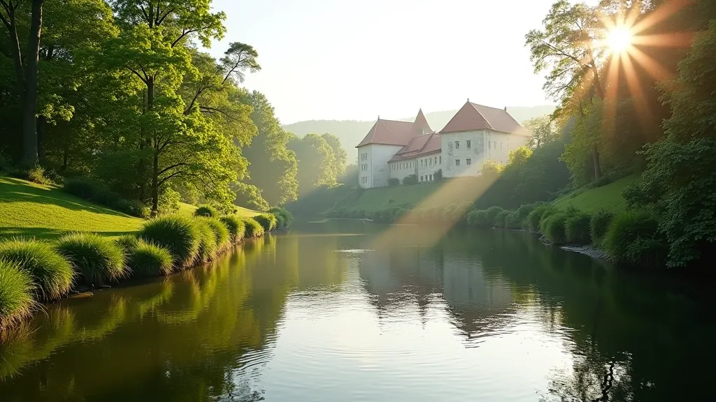 Mūsas upe blakus Bauska pilij ar zaļiem krastiem un meža ainavu