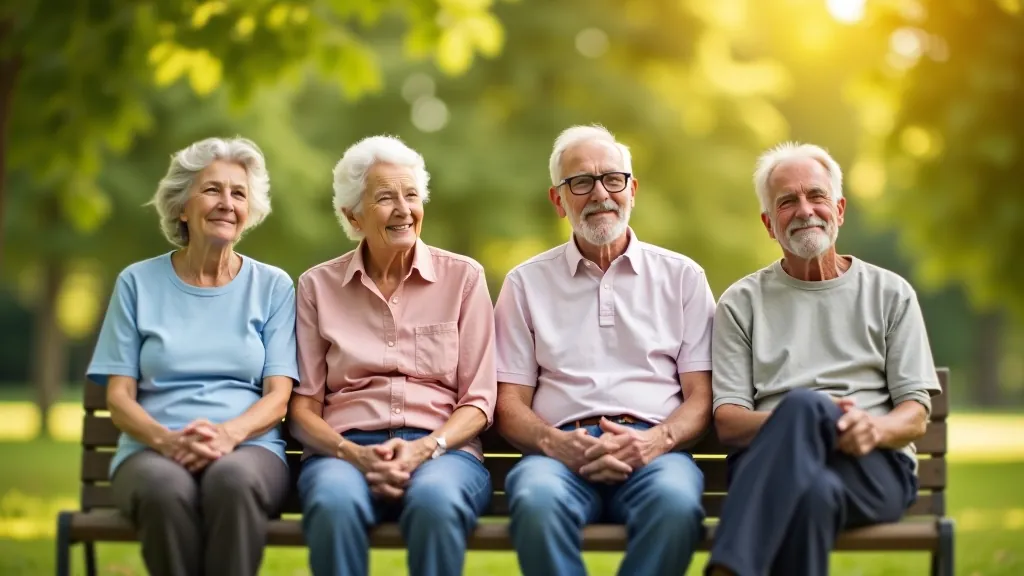Senioru grupa četri cilvēki sēž uz soliņa un vēro apkārtnes ainavu mežā